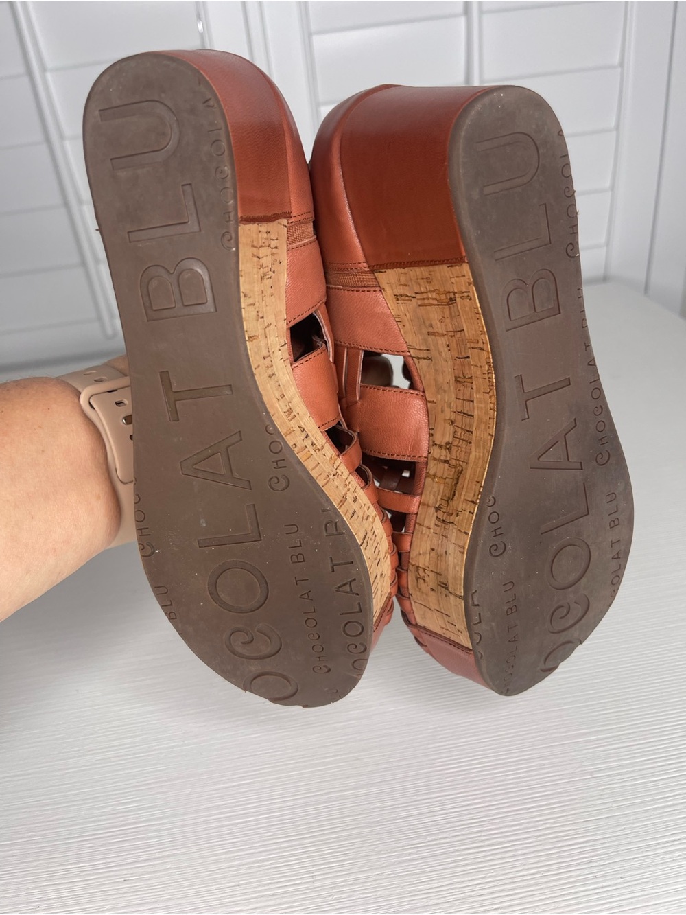 Chocolat Blu Woven Leather Cork Wedge Sandals - Cognac - Picture 6 of 8